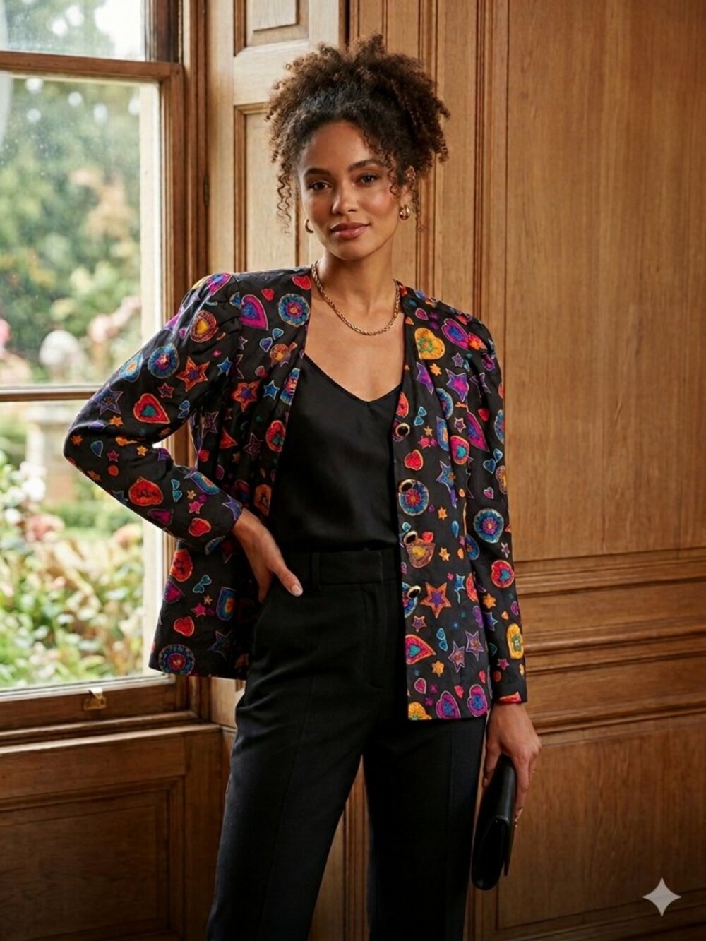 Vintage Silk Studio 100% Silk Abstract Heart & Star Blazer